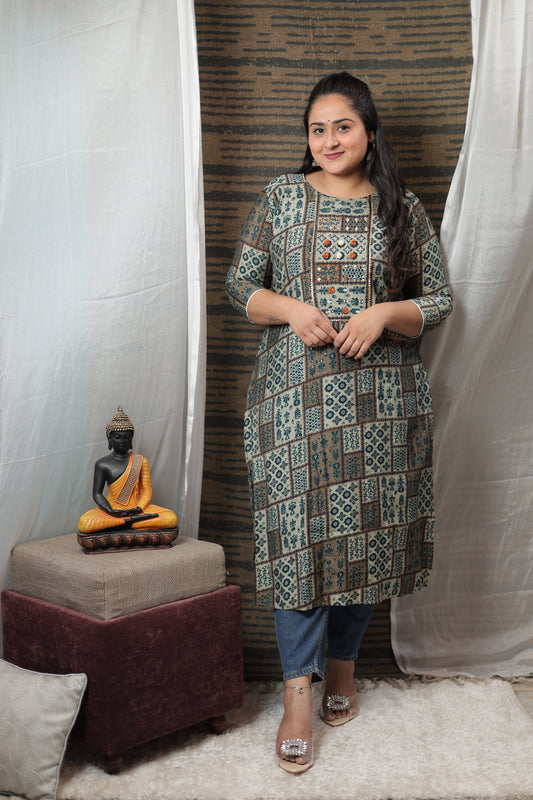 Amoha Blue Printed Cotton Long Kurti With Embroidery Detailing