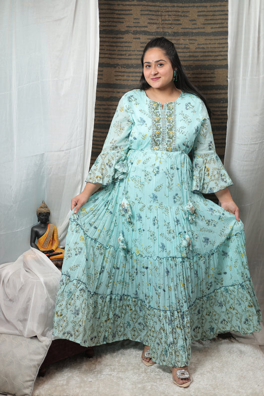 Ishwari Pure Mulmul Cotton Long Gown With Bell Sleevs