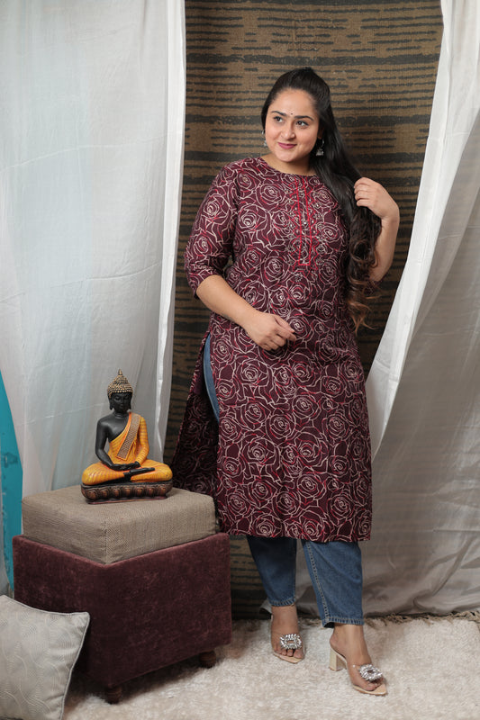 Chandravali Cotton Printed Long Kurti With Mirror Embroidery