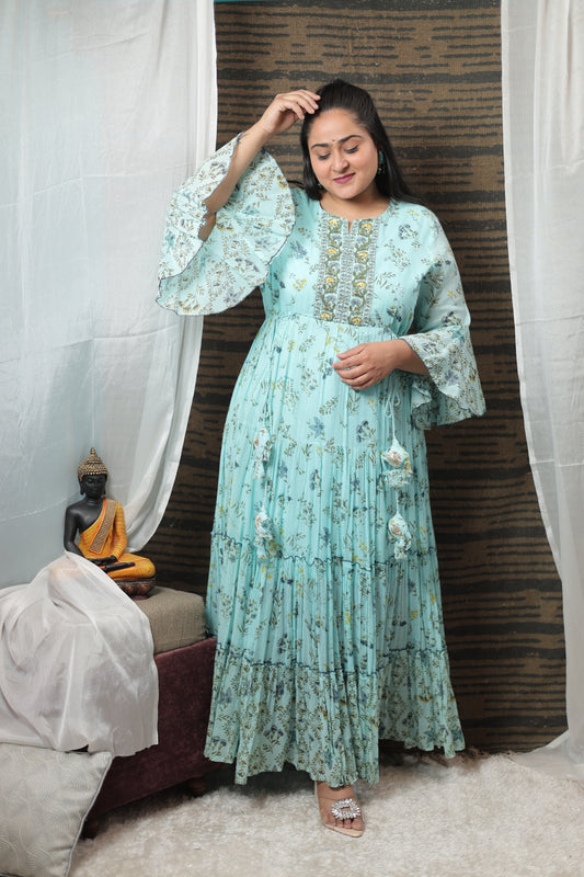 Ishwari Pure Mulmul Cotton Long Gown With Bell Sleevs