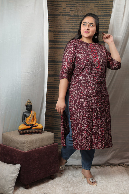 Chandravali Cotton Printed Long Kurti With Mirror Embroidery