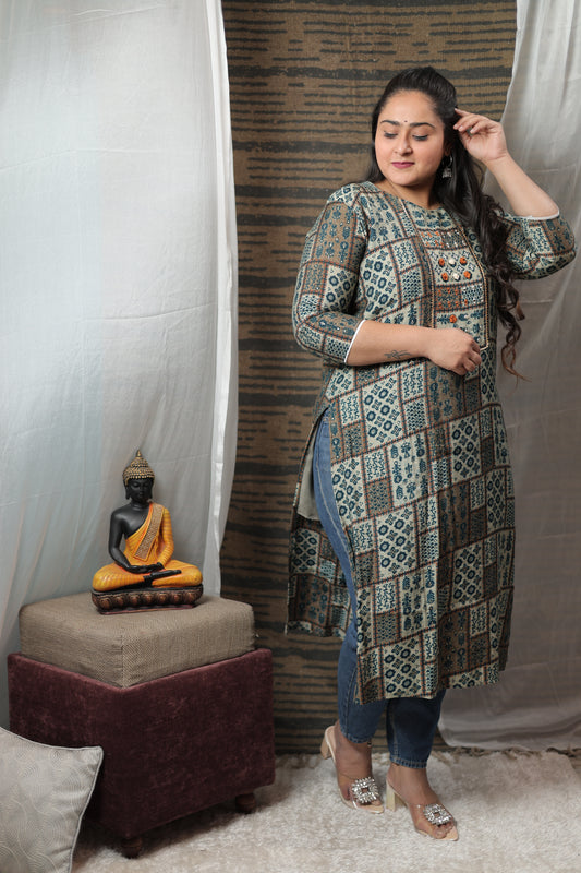 Amoha Blue Printed Cotton Long Kurti With Embroidery Detailing