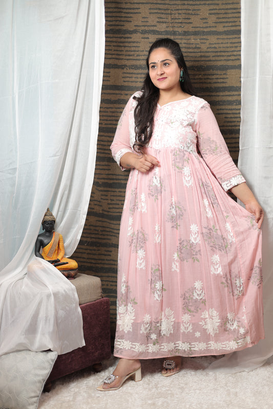 Anandini Pure Mulmul Cotton Long Anarkali Gown With Chikankari Detailing