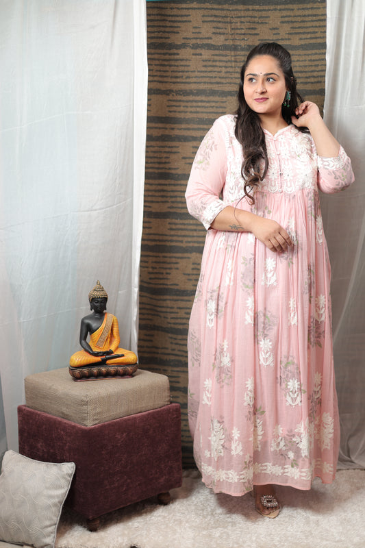 Anandini Pure Mulmul Cotton Long Anarkali Gown With Chikankari Detailing