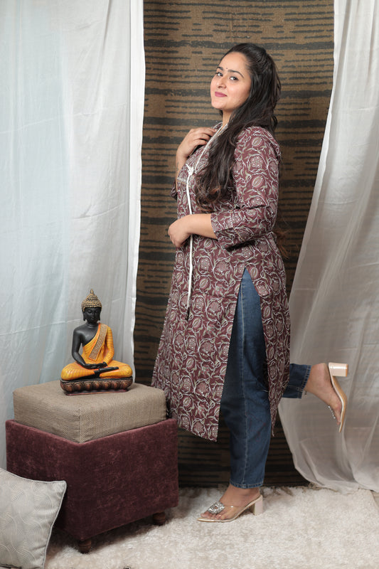Dhriti Pure Mulmul Cotton Angrakha Style Long Kurti